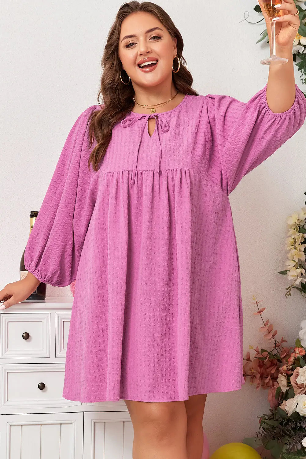 Sachet Pink Plus Size Textured Tie Split Neck Puff Sleeve Flowy Mini Dress Dear-Lover Dropshipping
