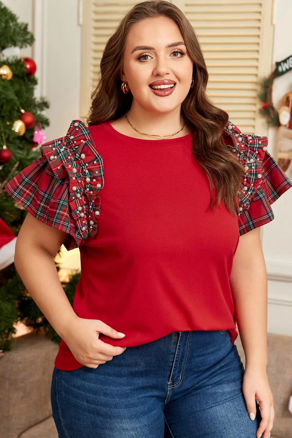 Racing Red Plaid Pearl Ruffled Short Sleeve Knitted Christmas Holiday Plus Size T-shirt Dear-Lover Dropshipping