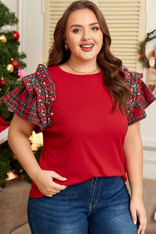 Racing Red Plaid Pearl Ruffled Short Sleeve Knitted Christmas Holiday Plus Size T-shirt Dear-Lover Dropshipping