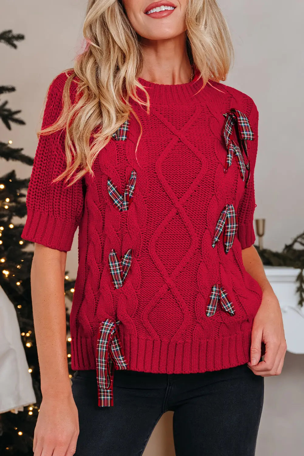 Fiery Red Plaid Lace up Detail Christmas Holiday Puff Short Sleeve Sweater Dear-Lover Dropshipping