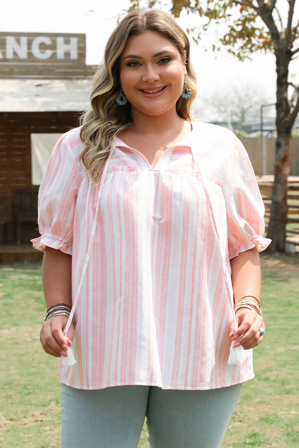 Pink Stripe Plus Size Tassel Tie Frilled Detail Short Sleeve Blouse Dear-Lover Dropshipping