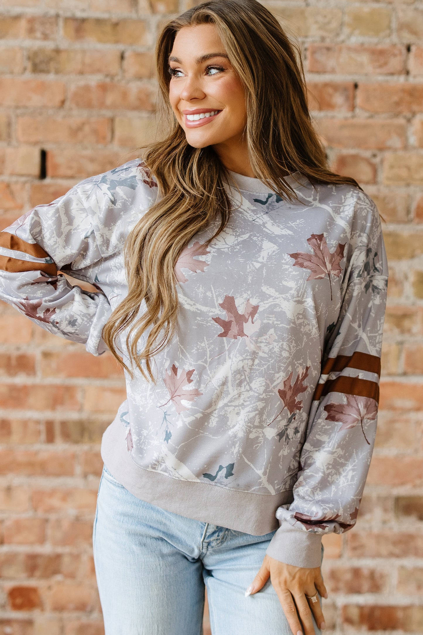 Gray Maple Leaf Camo Print Varsity Striped Sleeve Casual Sweatshirt