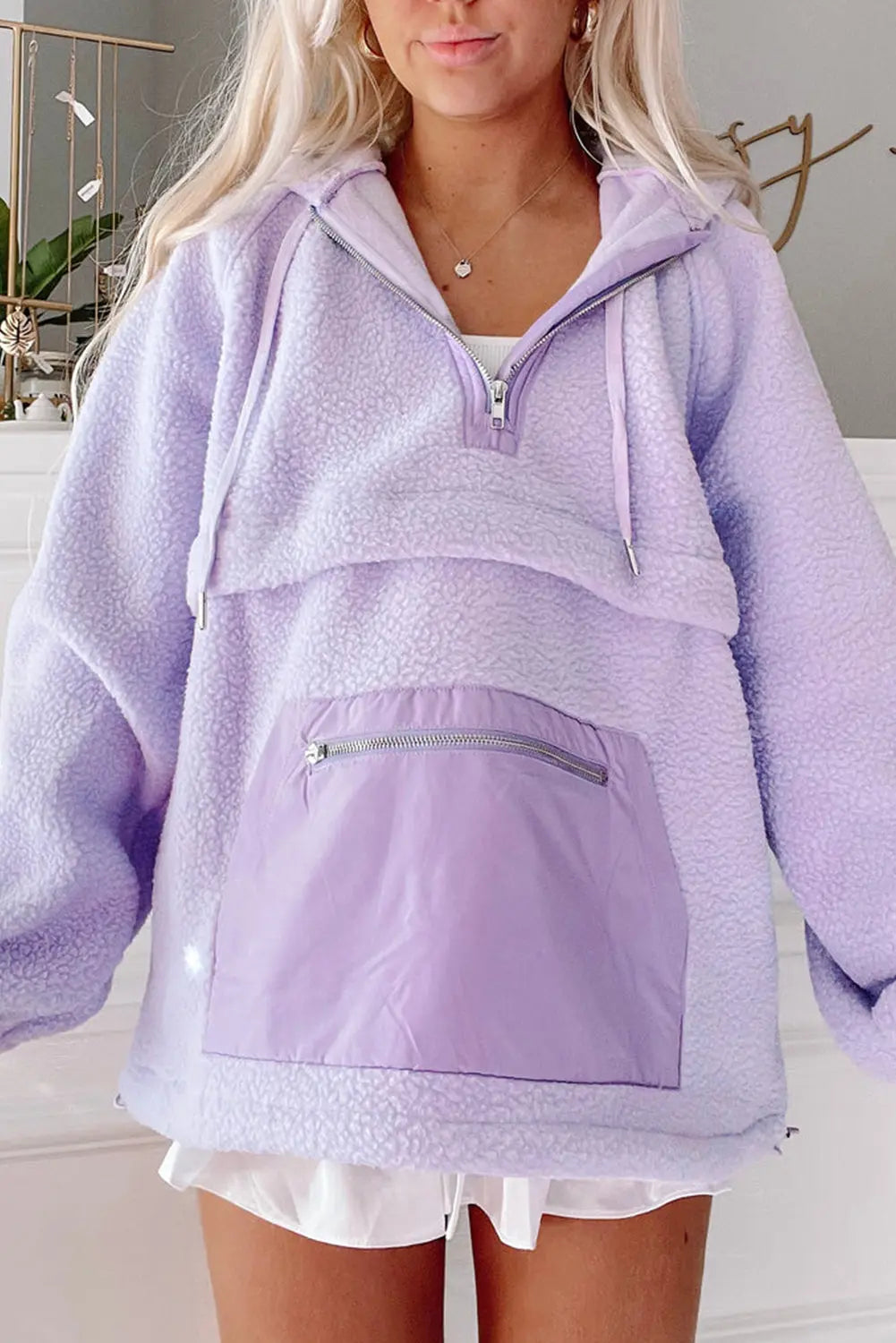 Lavendula Zipped Patch Pocket Fuzzy Drawstring Hoodie Dear-Lover Dropshipping
