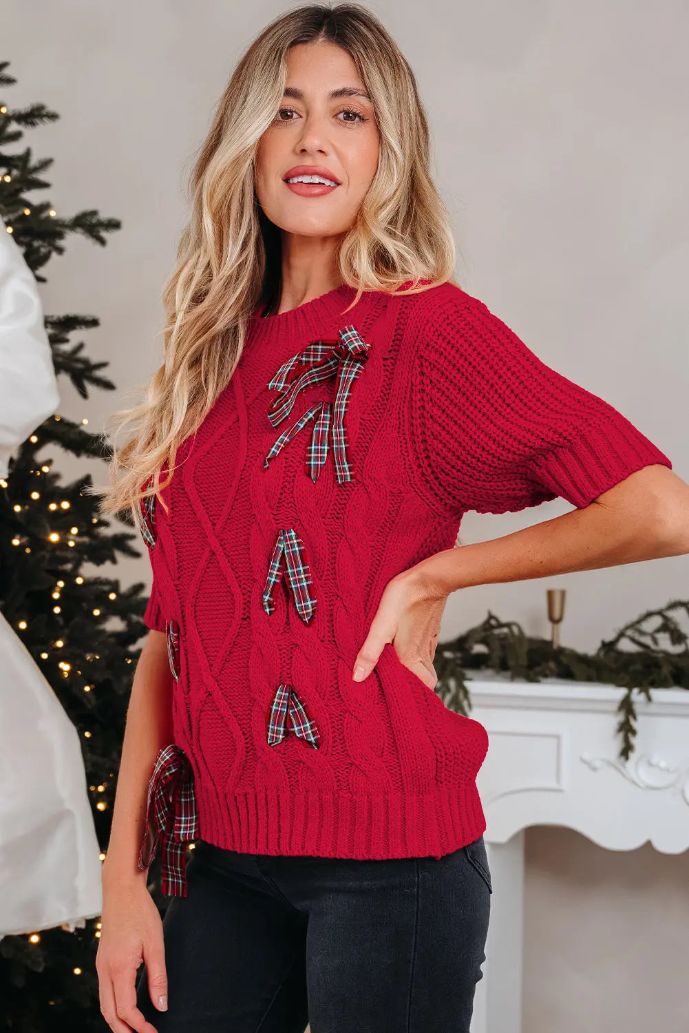 Fiery Red Plaid Lace up Detail Christmas Holiday Puff Short Sleeve Sweater Dear-Lover Dropshipping
