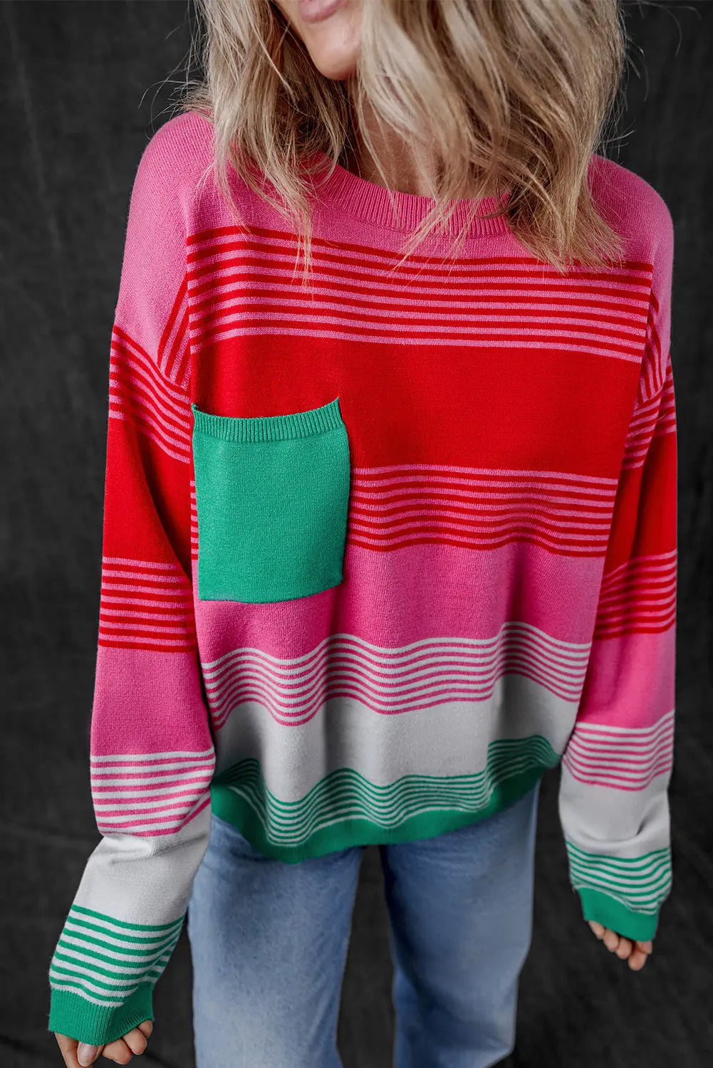 Rose Striped Knit Patch Pocket Drop Shoulder Sweater Dear-Lover Dropshipping