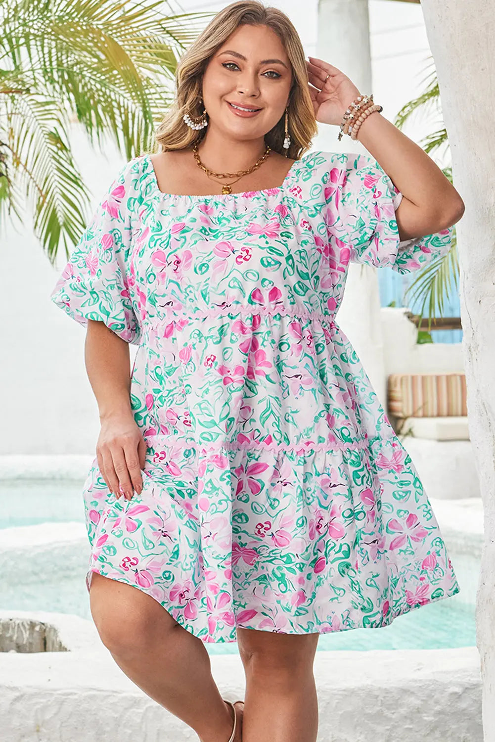 White Floral Print Ric-rac Trim Square Neck Plus Size Mini Dress Dear-Lover Dropshipping