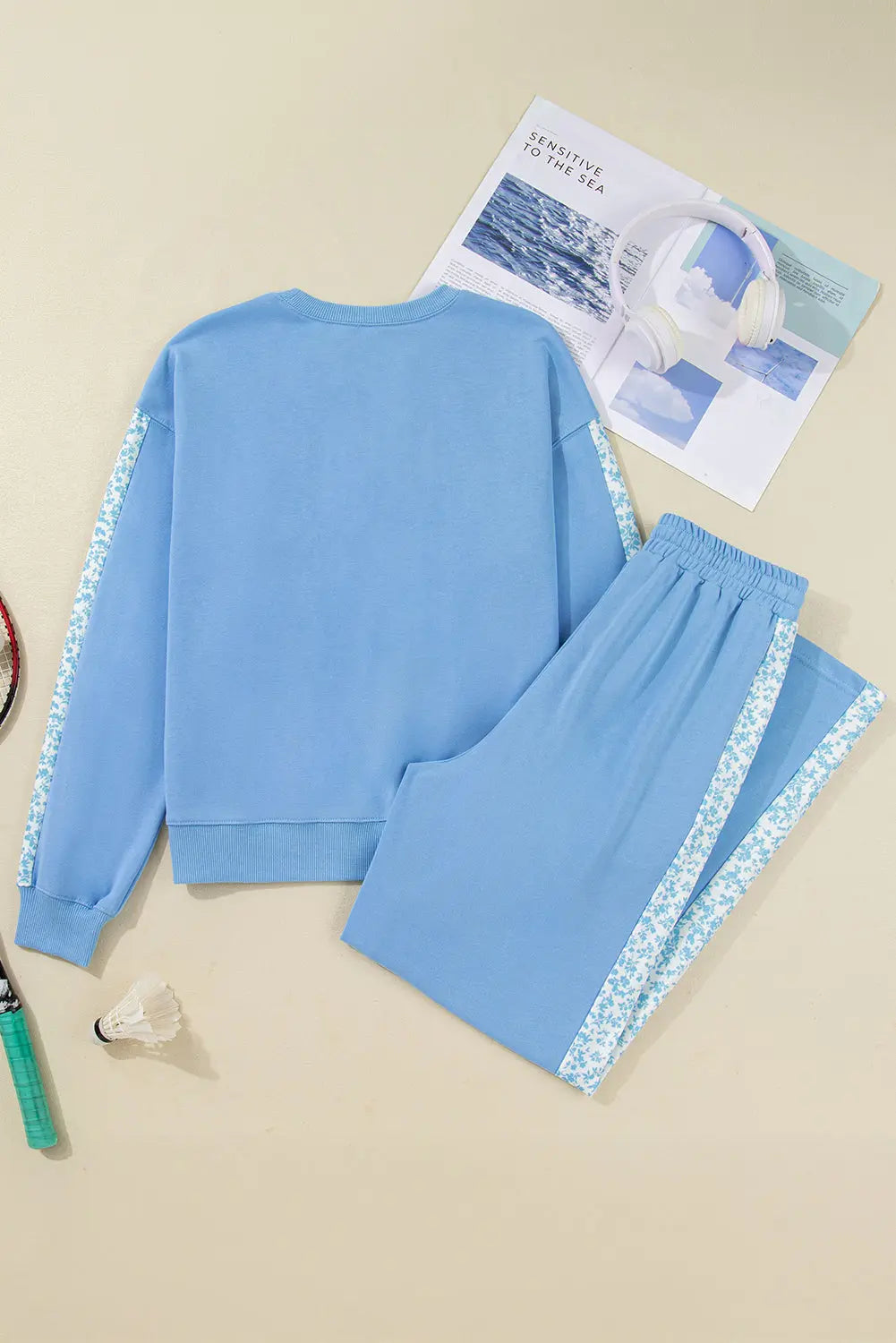 Beau Blue Floral Patchwork Drop Shoulder Pullover and Sweatpants Lounge Set