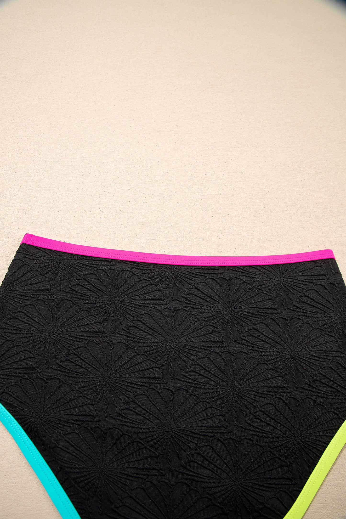 Black Floral Textured Neon Trim V Neck Crisscross Backless Tankini Set