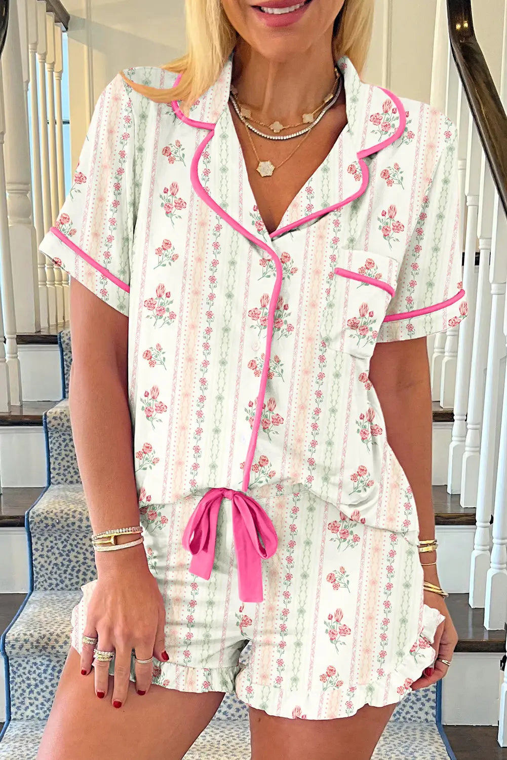 Beige Floral Print Contrast Pipping Short Pajamas Set Dear-Lover Dropshipping