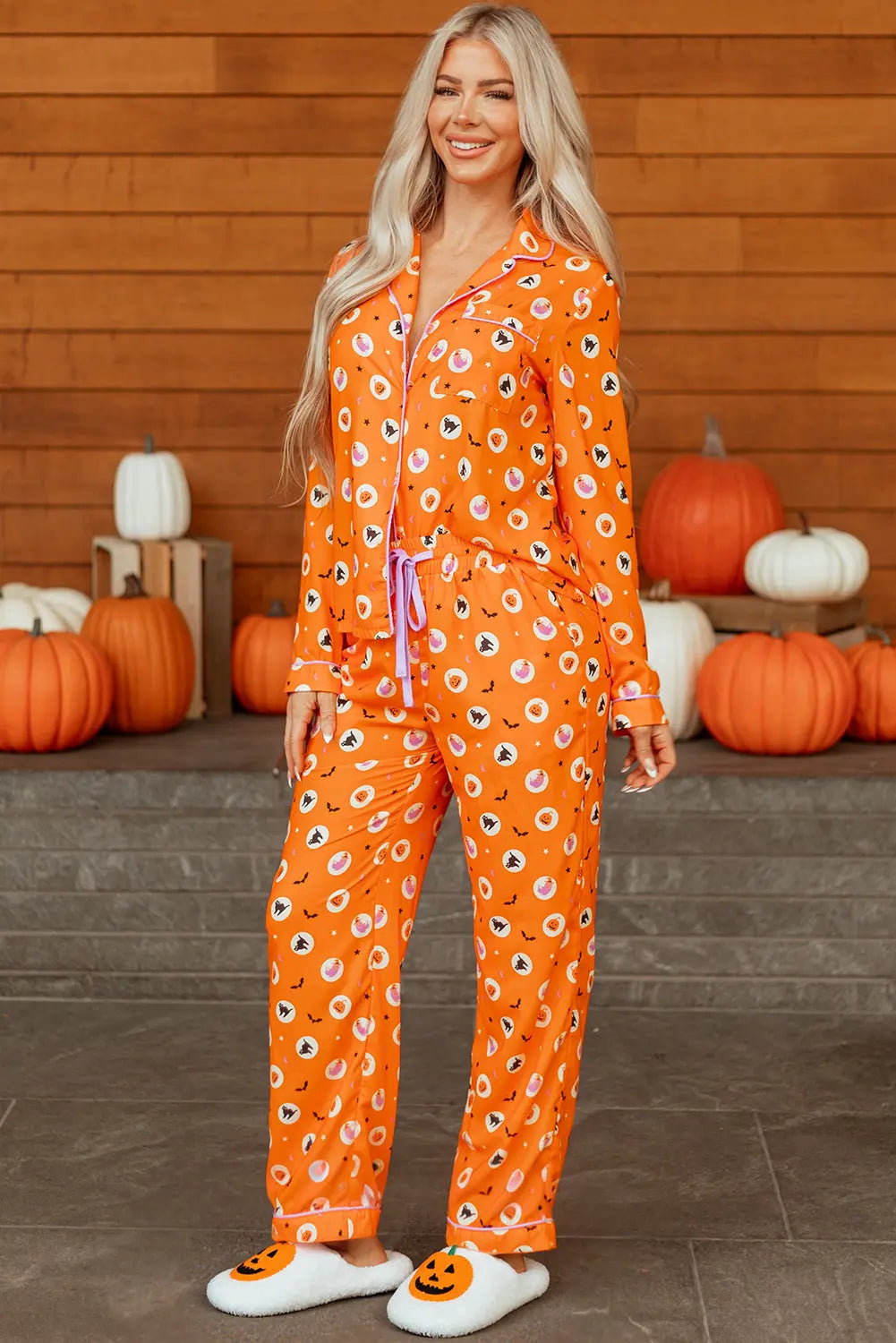 Orange Halloween Print Lapel Shirt Long 2pcs Pajama Set Dear-Lover Dropshipping