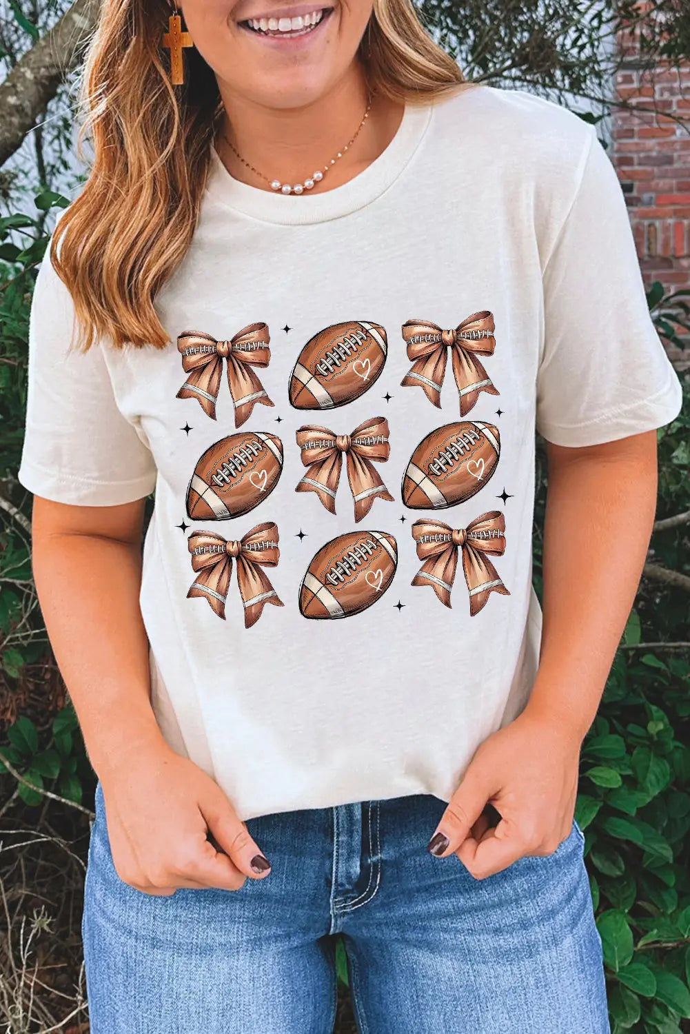 White Football Fashion Bow Print Cotton Blend T Shirt Dear-Lover Dropshipping
