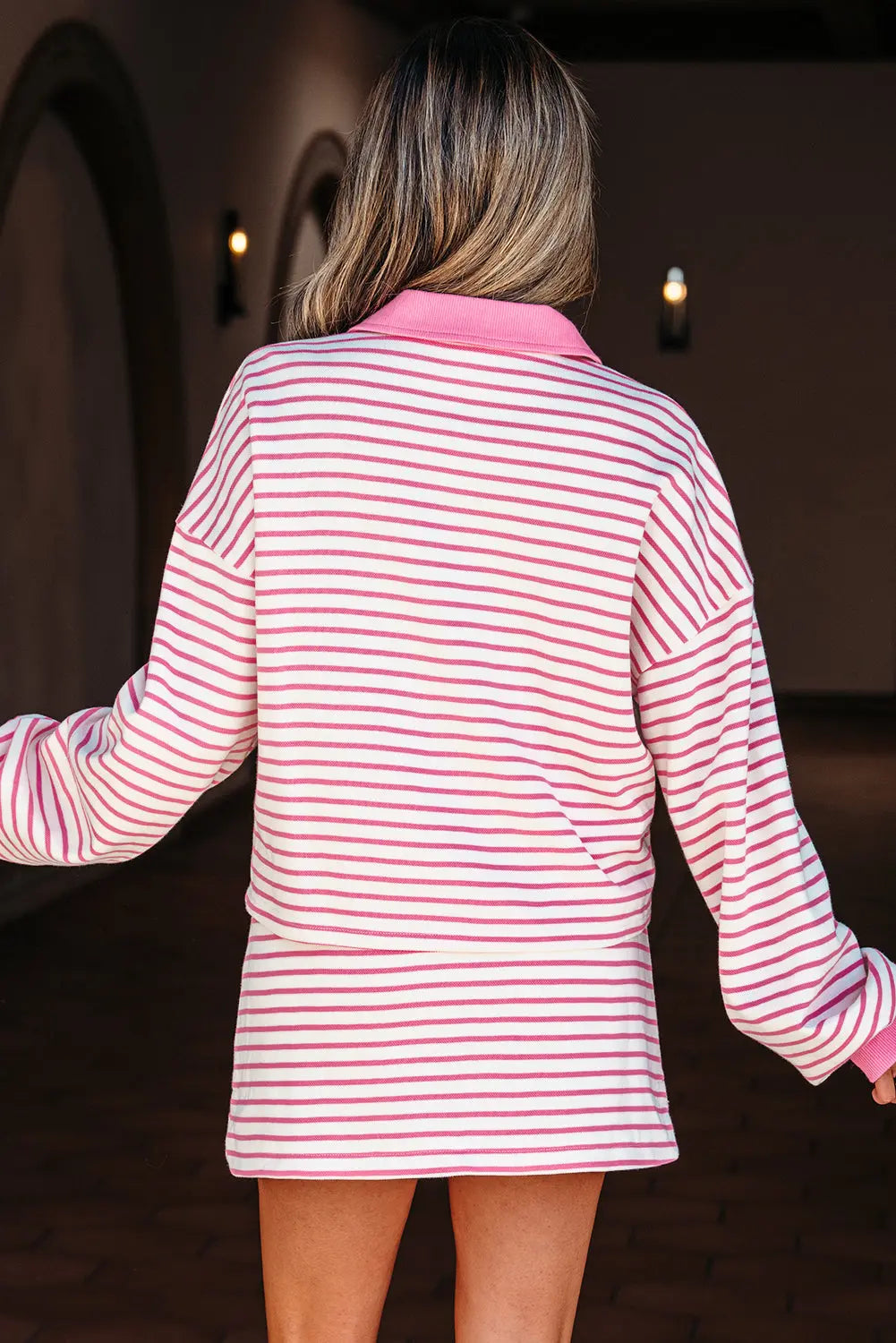 Pink Stripe Collared V Neck Drop Shoulder Pullover and Skort 2pcs Outfit Dear-Lover Dropshipping