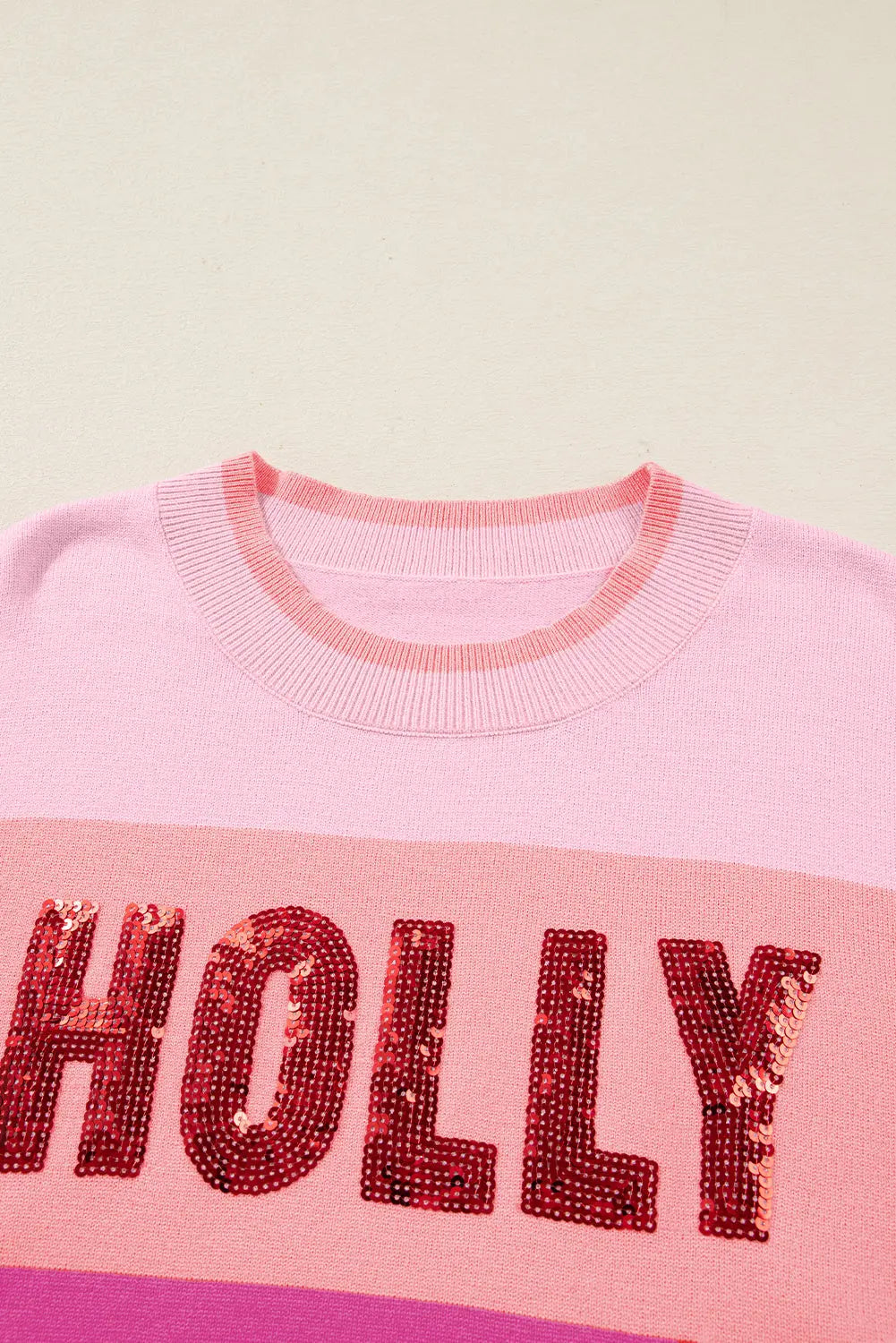Pink Sequined HOLLY JOLLY Color Block Crew Neck Sweater Dear-Lover Dropshipping