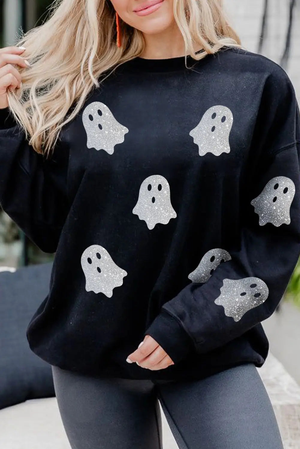 Black Glitter Ghost Pattern Crew Neck Halloween Sweatshirt Dear-Lover Dropshipping