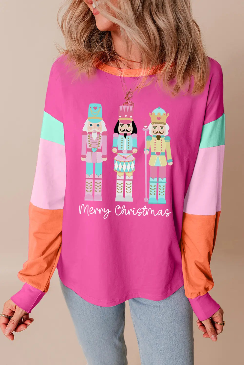 Rose Red Nutcracker Merry Christmas Graphic Colorblock Long Sleeve Tee Dear-Lover Dropshipping