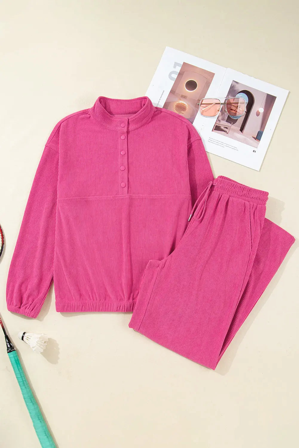Peach Blossom Half Button Pullover Drawstring Pants Solid Color Corduroy 2pcs Outfit Dear-Lover Dropshipping