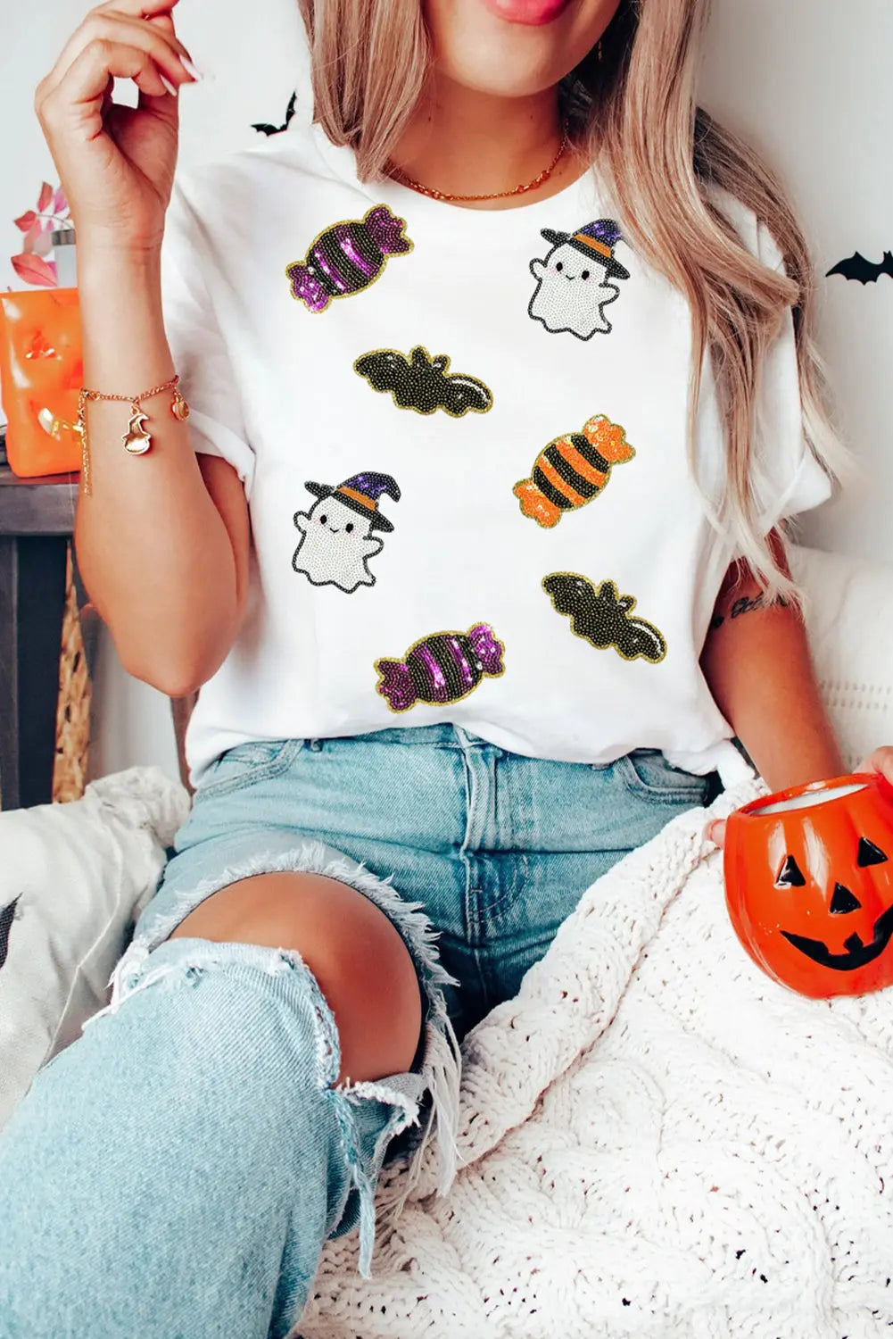 White Sequined Halloween Spirit Pattern Patched Custom Casual Tee Dear-Lover Dropshipping